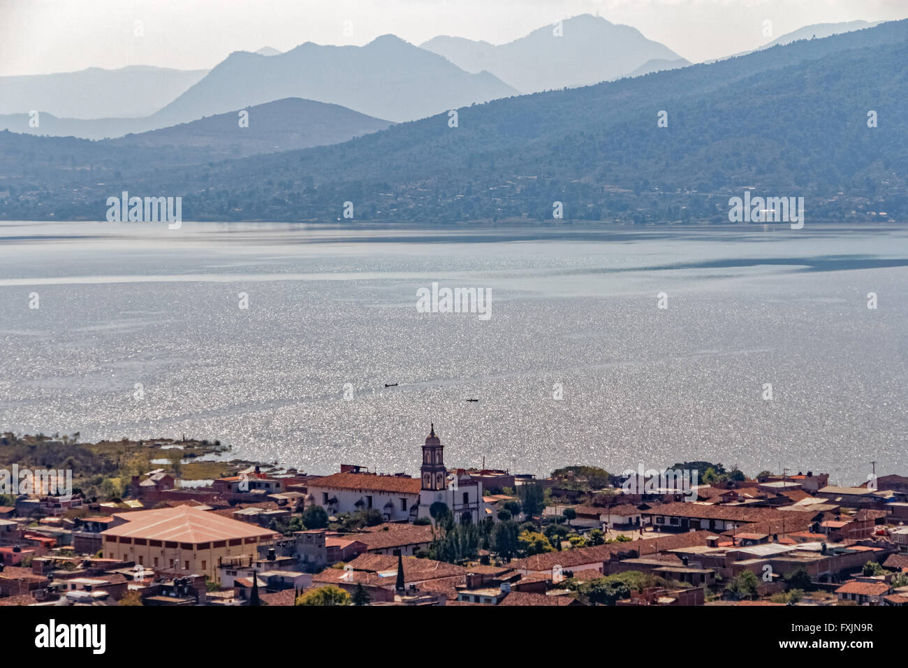 The scenic view of Lake Patzcuaro from a hill of the village of San Jerónimo Purenchécuaro, Michoacan, Mexico Stock Photo