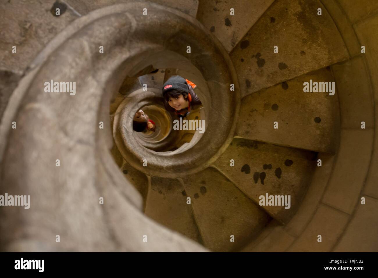 A steep staircase inside the Passion Tower of Sagrada Familia, Barcelona, Spain Stock Photo