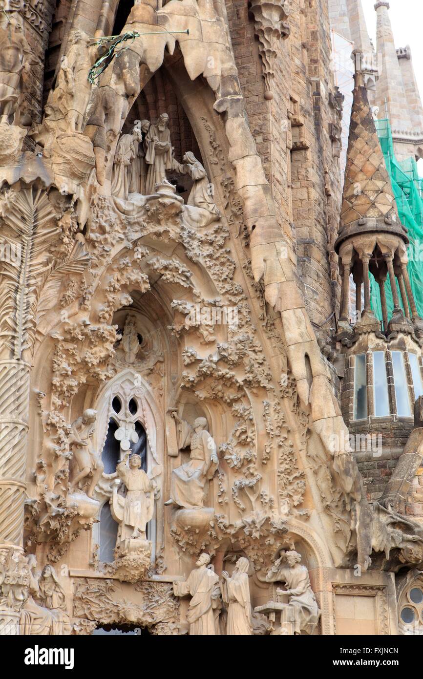 Intricate carvings on the Nativity Facade of the Sagrada Familia in the