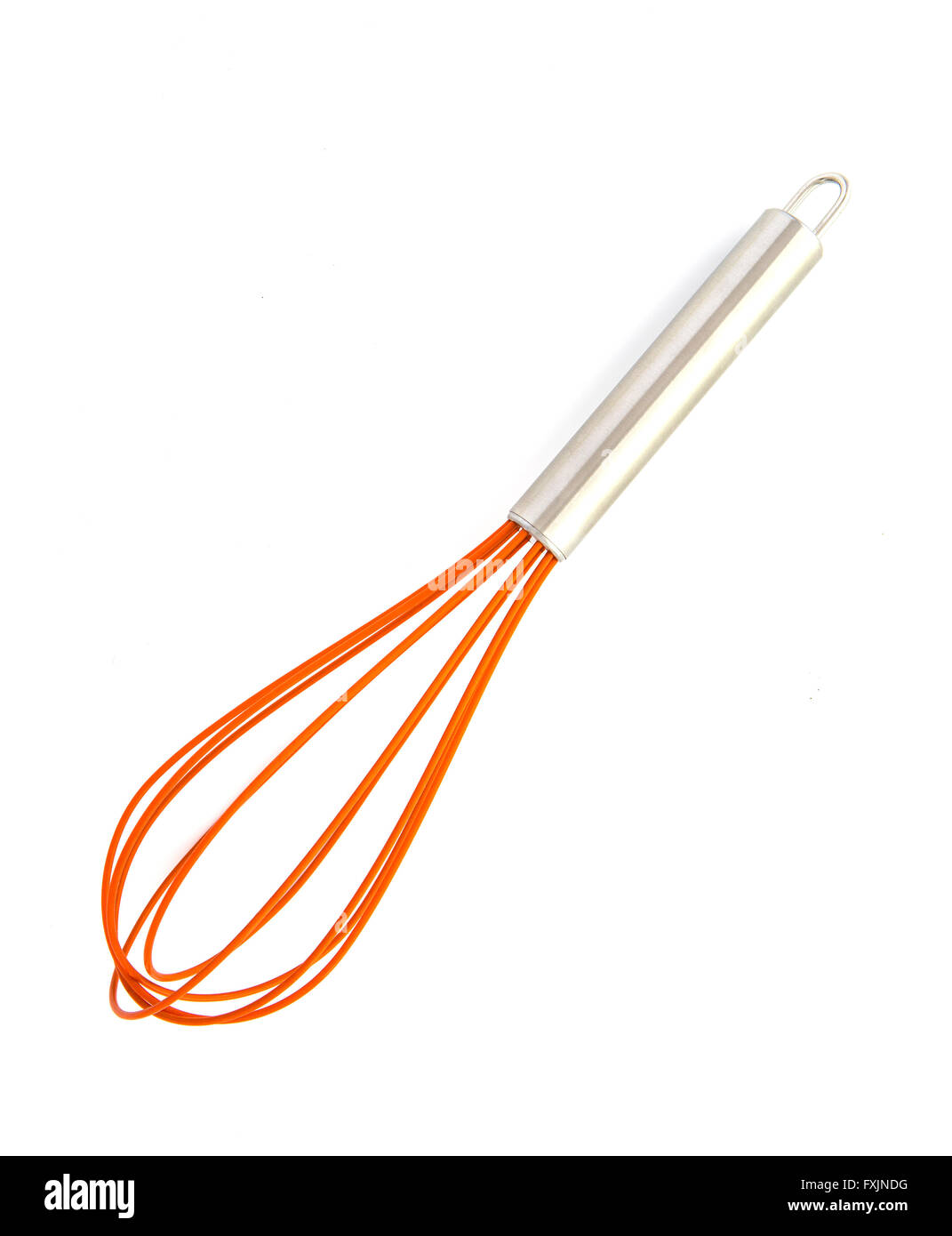 Modern Orange Whisk with Stainless Steel handle on a white background Stock Photo