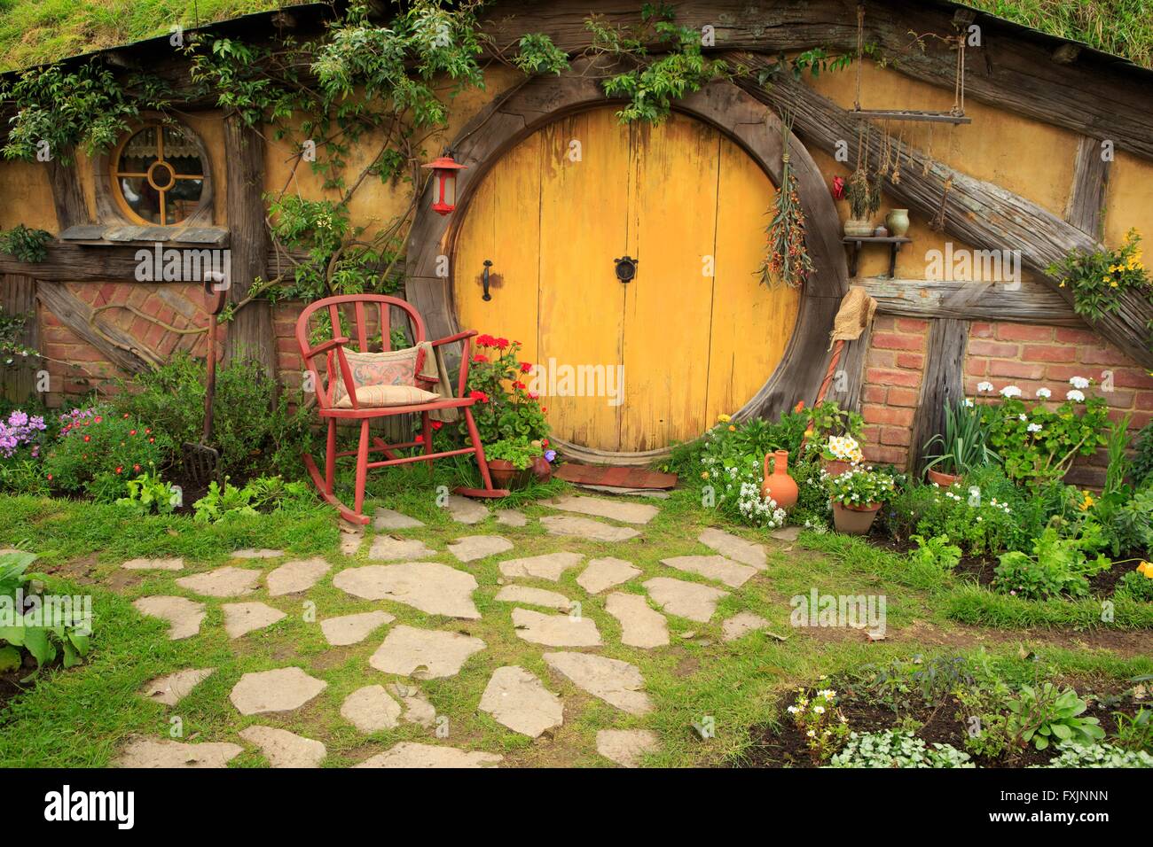 Hobbiton, near Matamata on the north island of New Zealand, is the home of the movie set used in the movie series Lord of the Ri Stock Photo