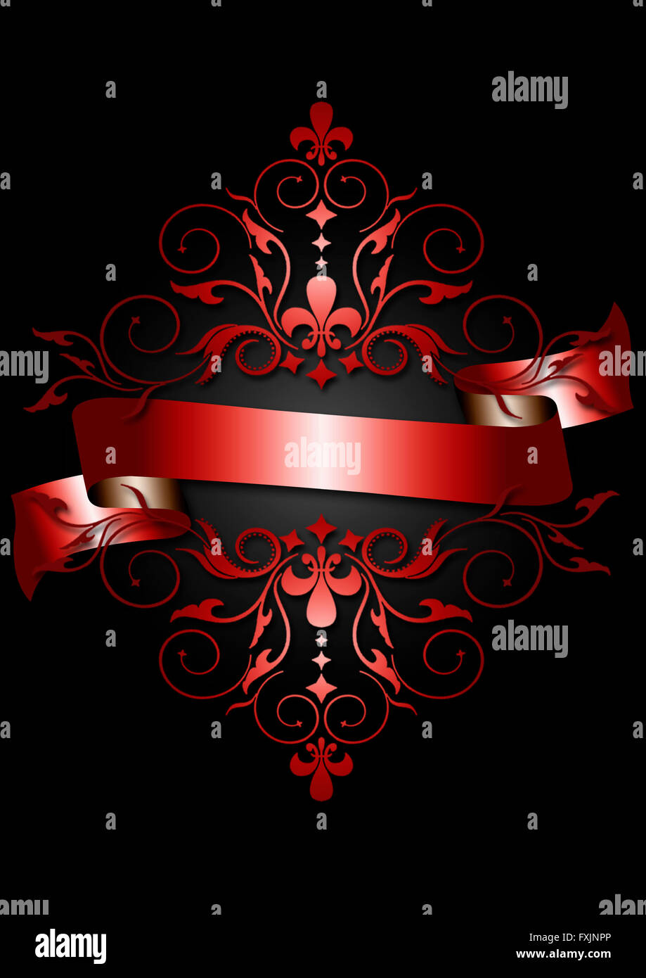 Card with shiny red ribbon,red pattern,scrolling and heraldry Stock ...