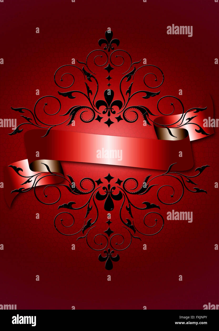 Card with shiny red ribbon,red pattern,scrolling and heraldry Stock ...