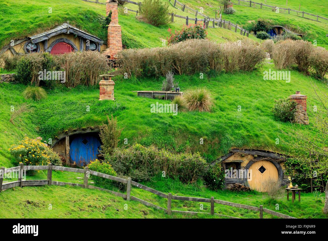 Hobbiton, near Matamata on the north island of New Zealand, is the home of the movie set used in the movie series Lord of the Ri Stock Photo