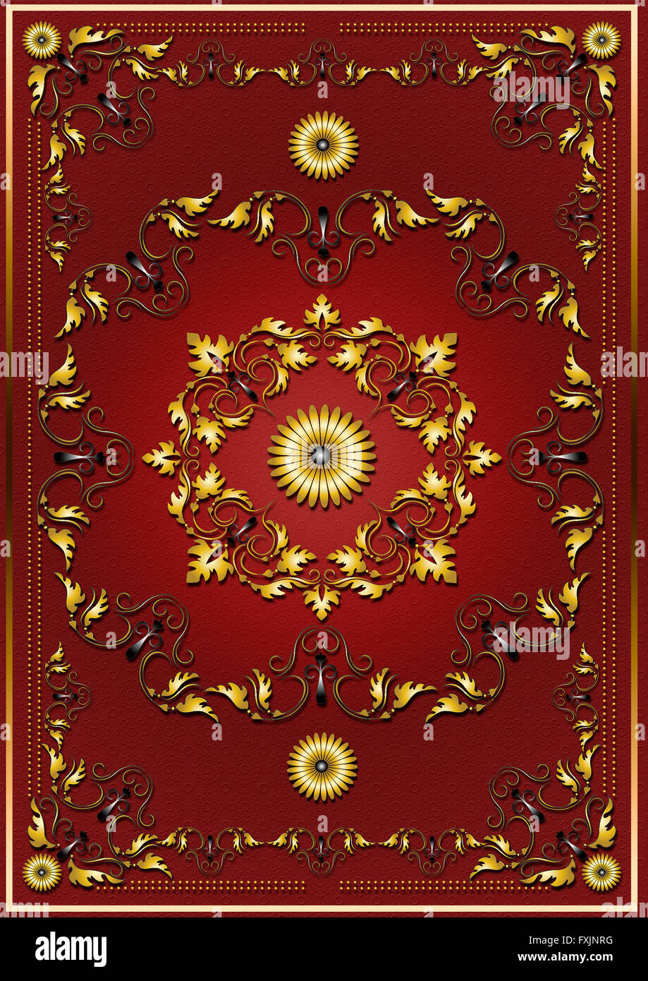 Luxury red textured background with frame from gold ornamental pattern Stock Photo