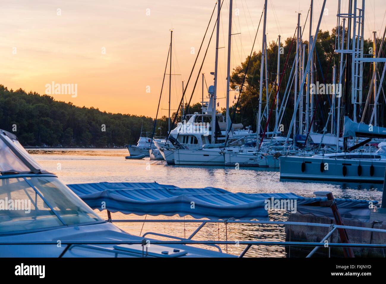 Vrboska on Hvar island in Croatia morning marina yachts boats Stock Photo