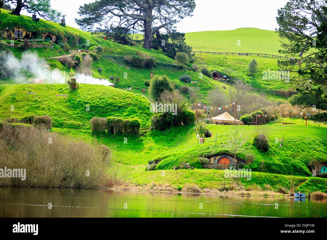 Hobbiton, near Matamata on the north island of New Zealand, is the home of the movie set used in the movie Lord of the Rings Stock Photo