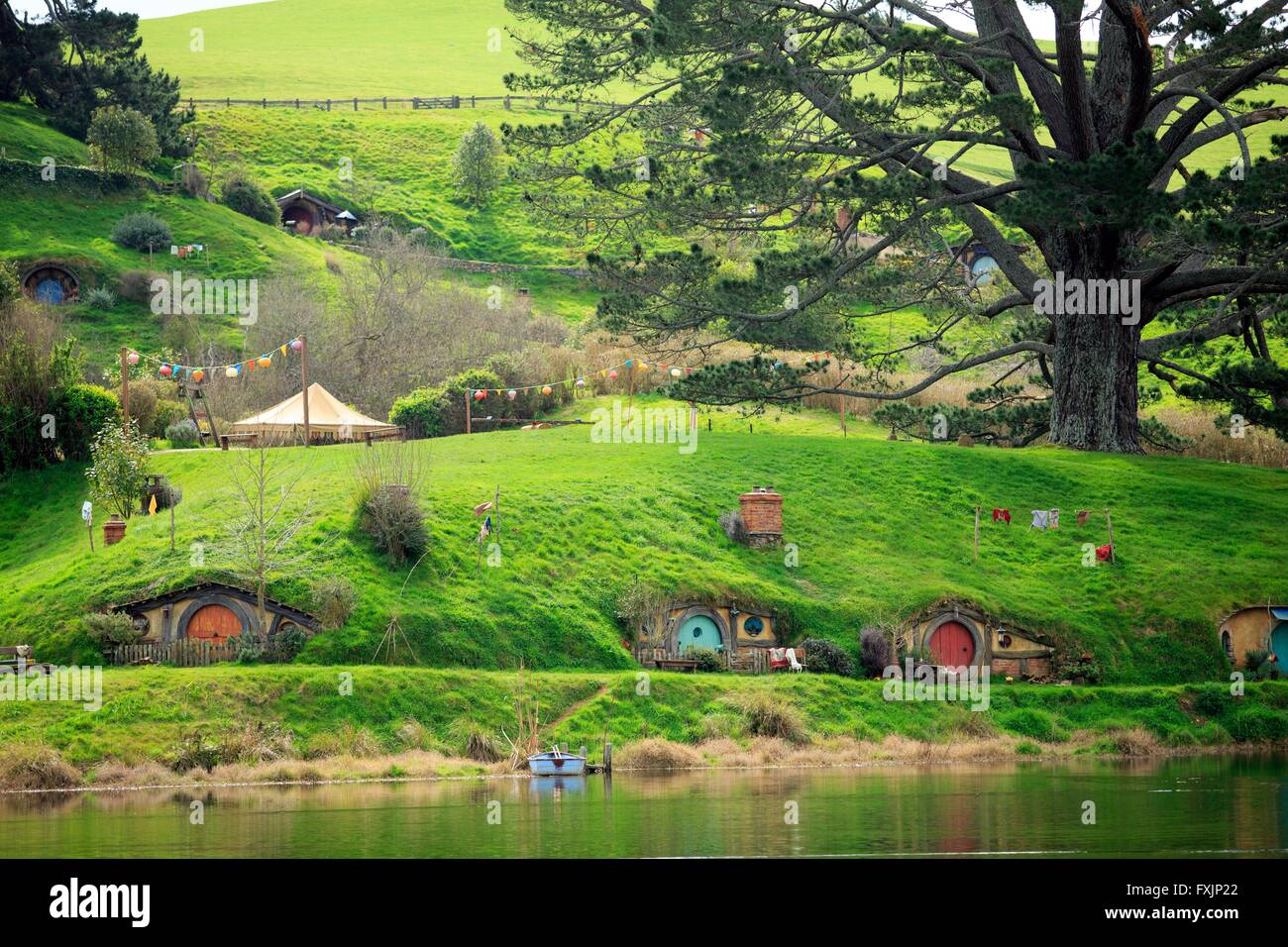 Hobbiton, near Matamata on the north island of New Zealand, is the home of the movie set used in the movie Lord of the Rings Stock Photo