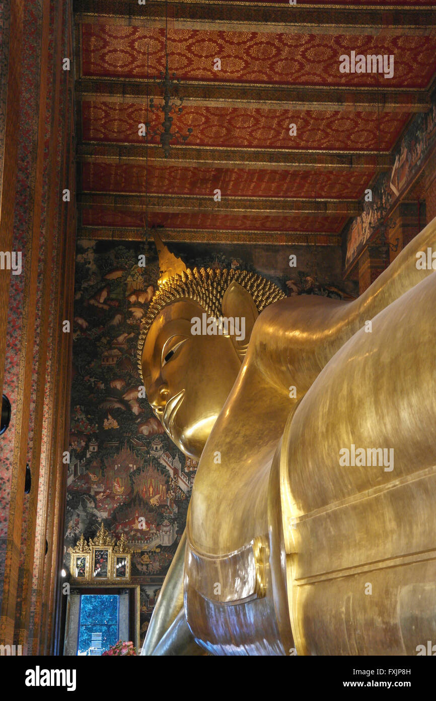 Big Reclining Golden Buddha Statue in Bangkok Thailand Stock Photo