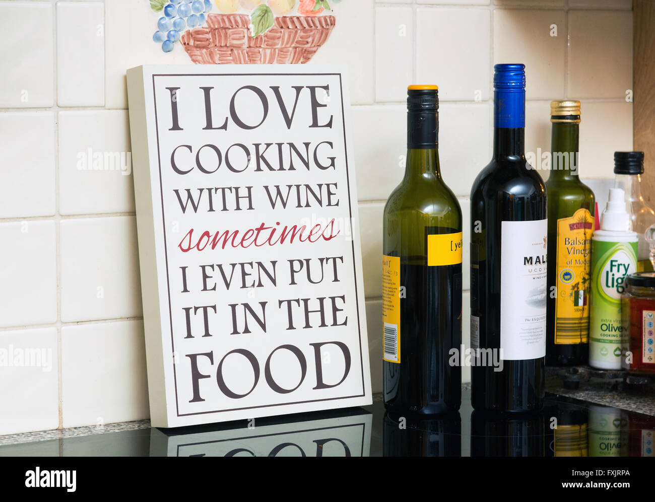 humorous sign about wine and food Stock Photo