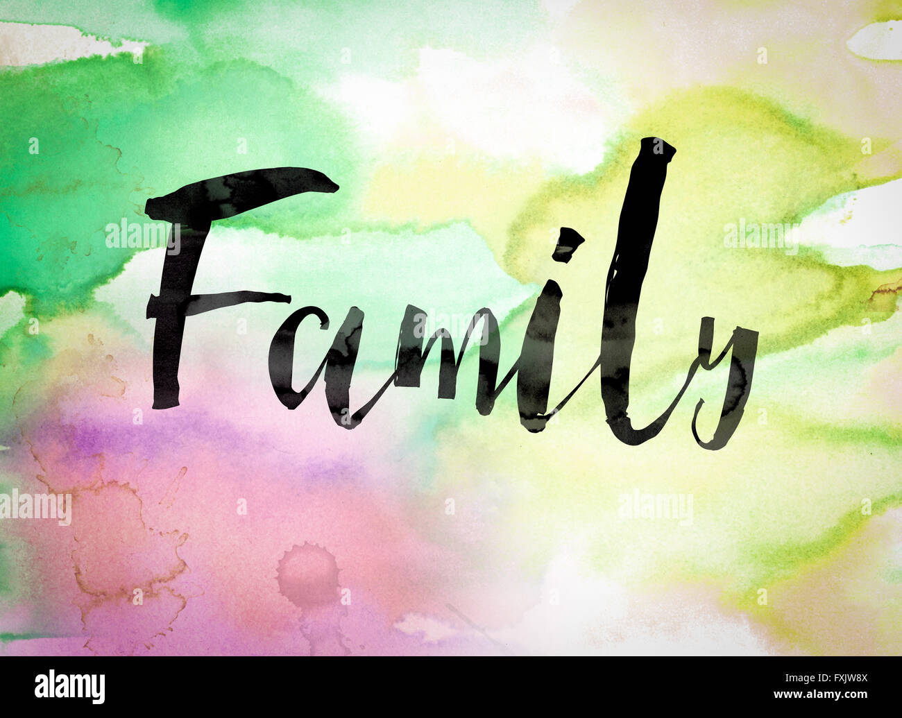 the word family written in black paint on a colorful watercolor washed FXJW8X