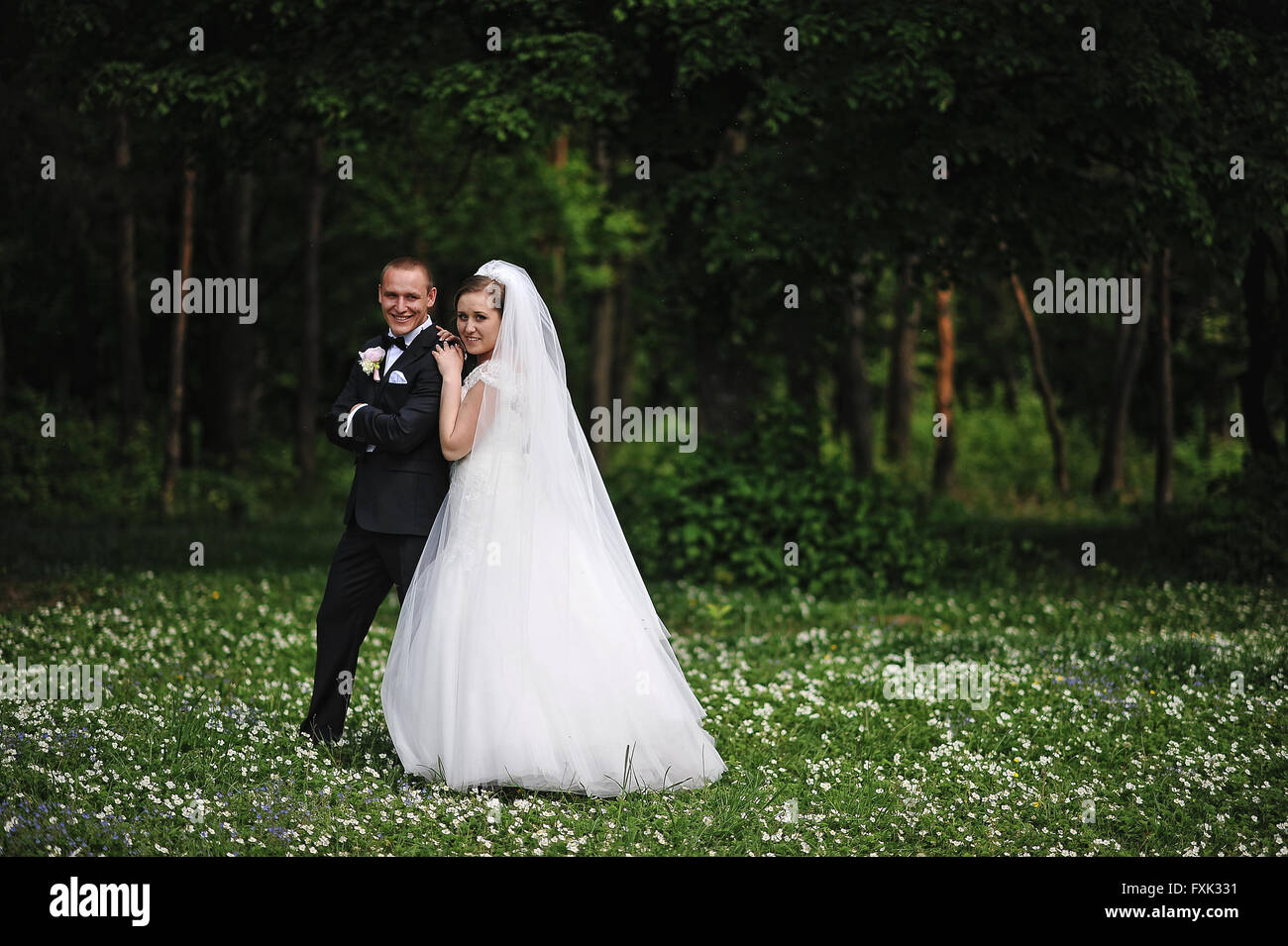 Elegance wedding couple on field of flowers background wood Stock Photo ...