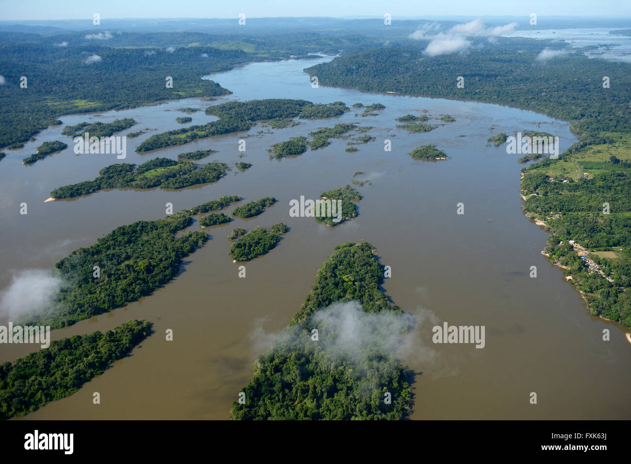 Aerial view, river landscape, small islands in the river Rio Tapajos in the Amazon rain forest, planned dam Sao Luiz do Tapajós Stock Photo