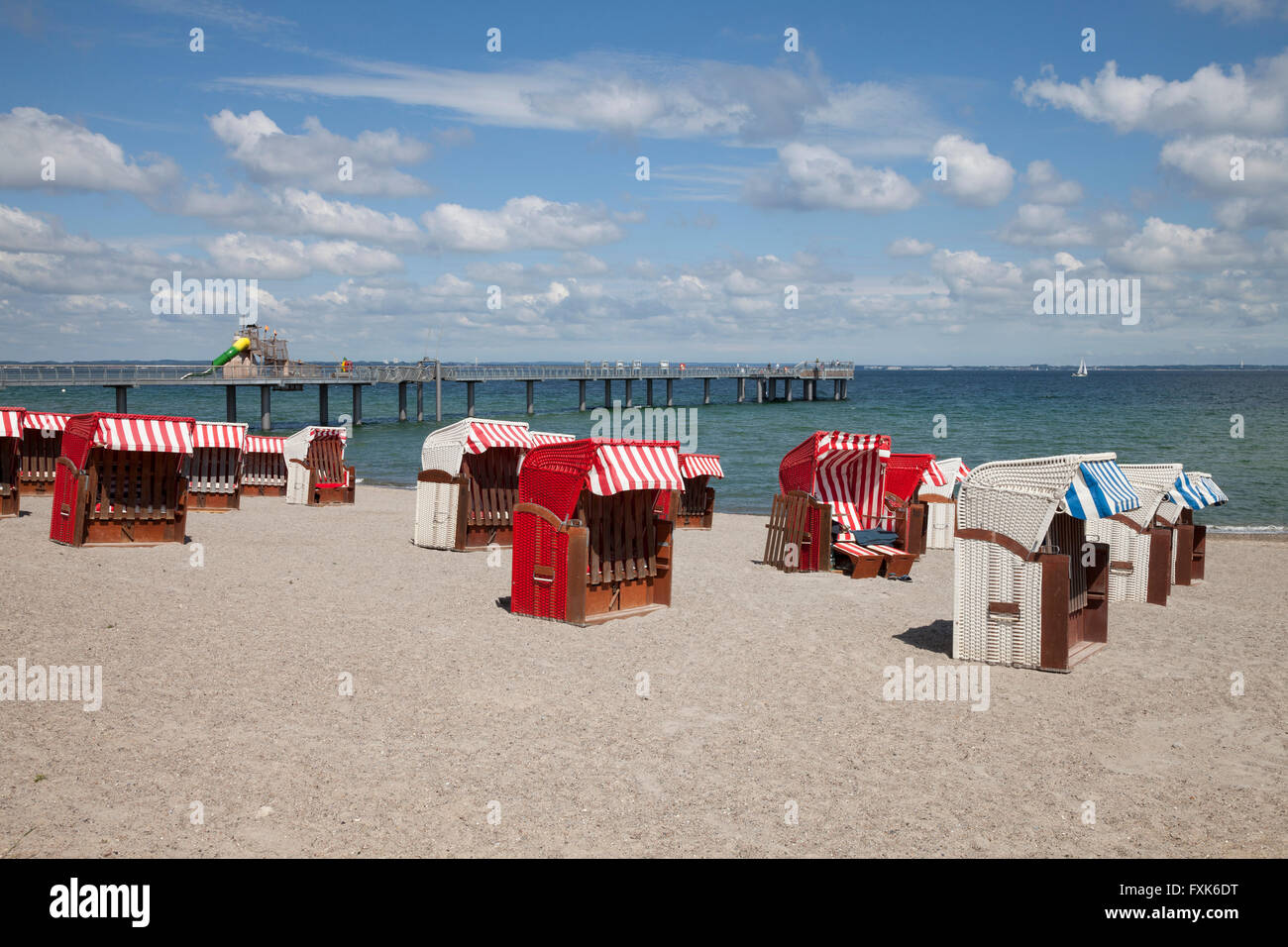 Timmendorfer beach with beach chairs and pier, Niendorf, Bay of Lübeck, Schleswig-Holstein, Germany Stock Photo