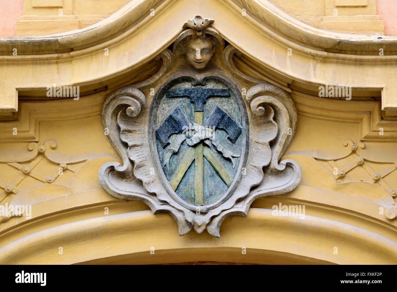 Prague, Czech Republic. Traditional House Sign The Three (Golden) Axes