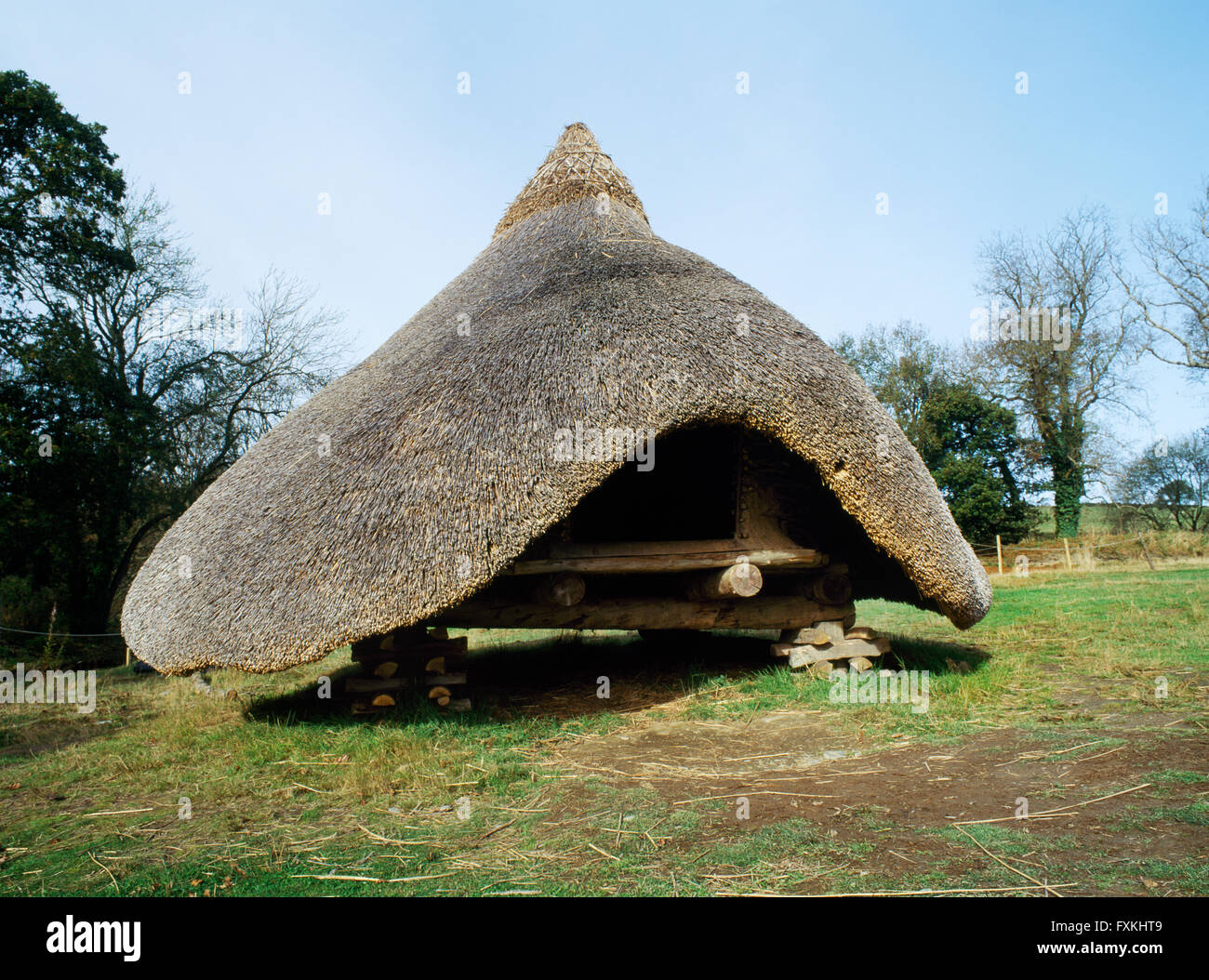 Speculative reconstruction of four-poster structure (4) at Castell Henllys fort, Pembrokeshire, thought to be a food store/granary with raised floor. Stock Photo
