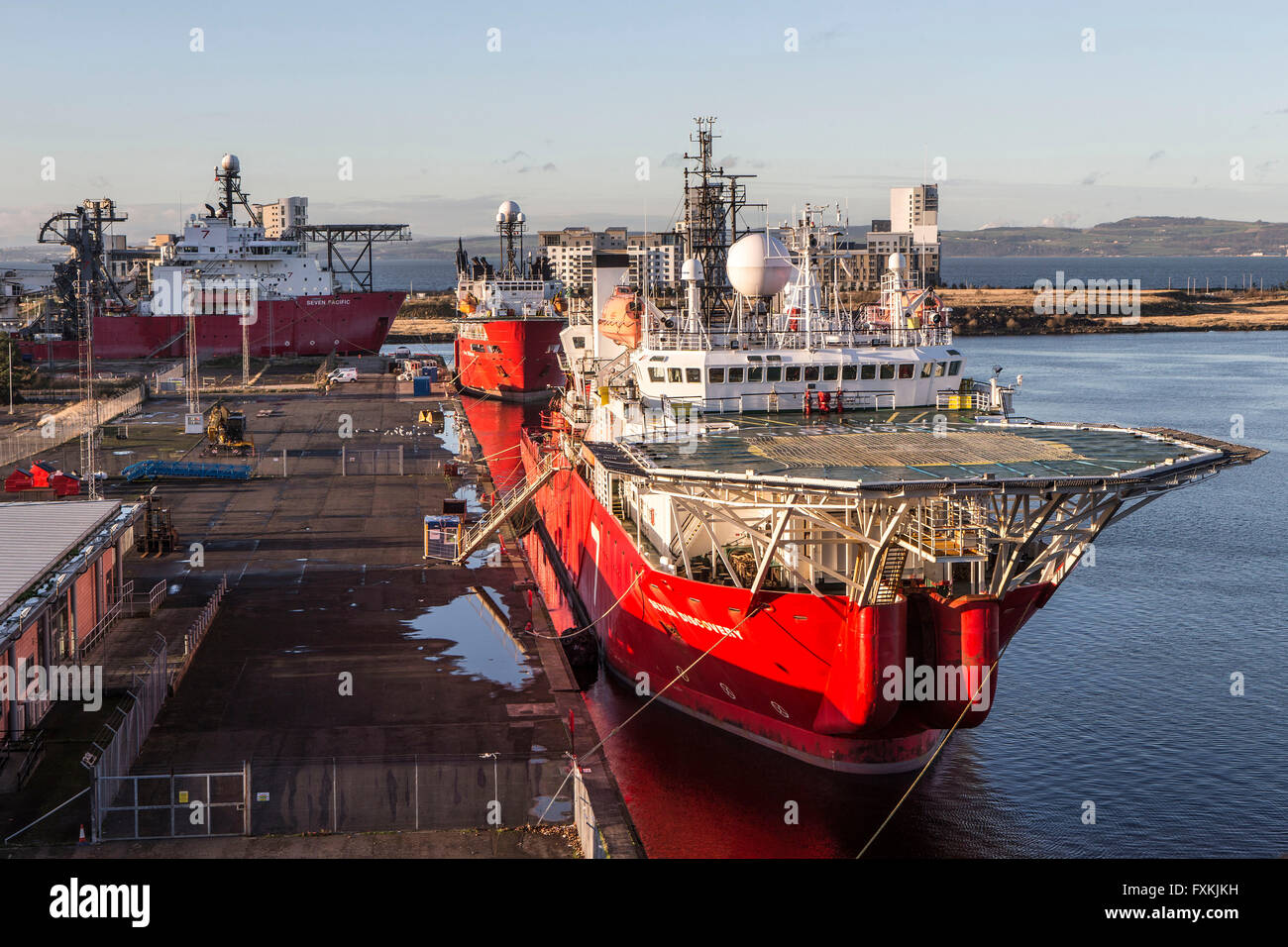 North Sea Oil vessels in port for maintenance Stock Photo