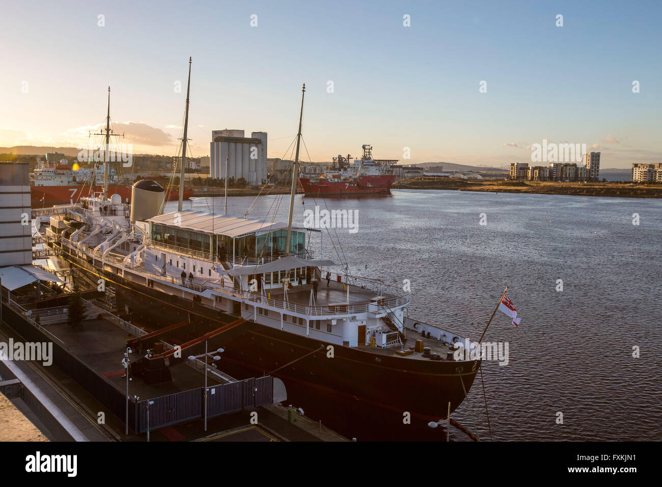 North Sea Oil vessels in port for maintenance with Royal Yacht Britannia in foreground Stock Photo
