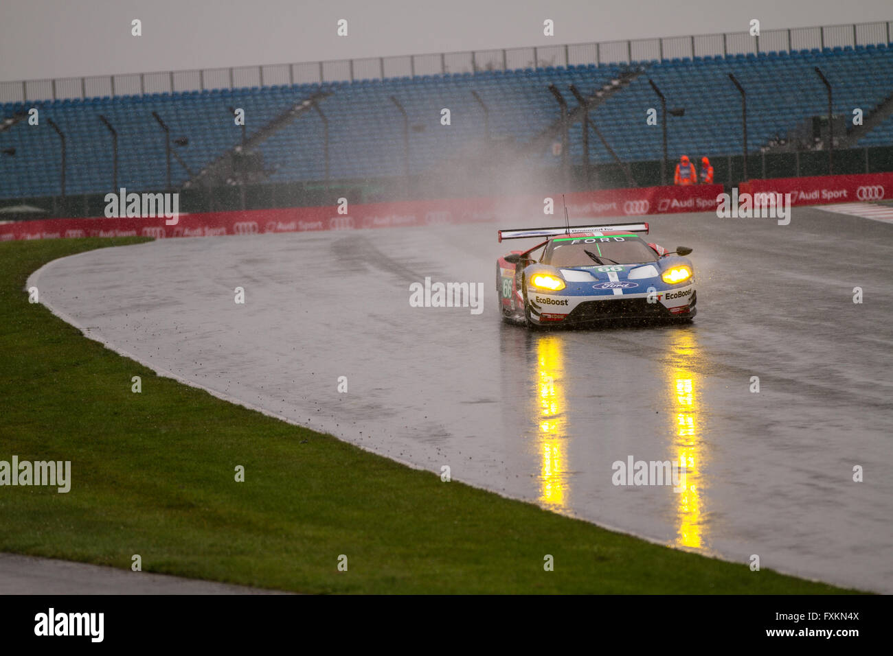 Silverstone, UK. 16th April, 2016. The No66 Ford Chip Ganassi Team UK Ford GT in the snow at Silverstone during practise Credit:  steven roe/Alamy Live News Stock Photo