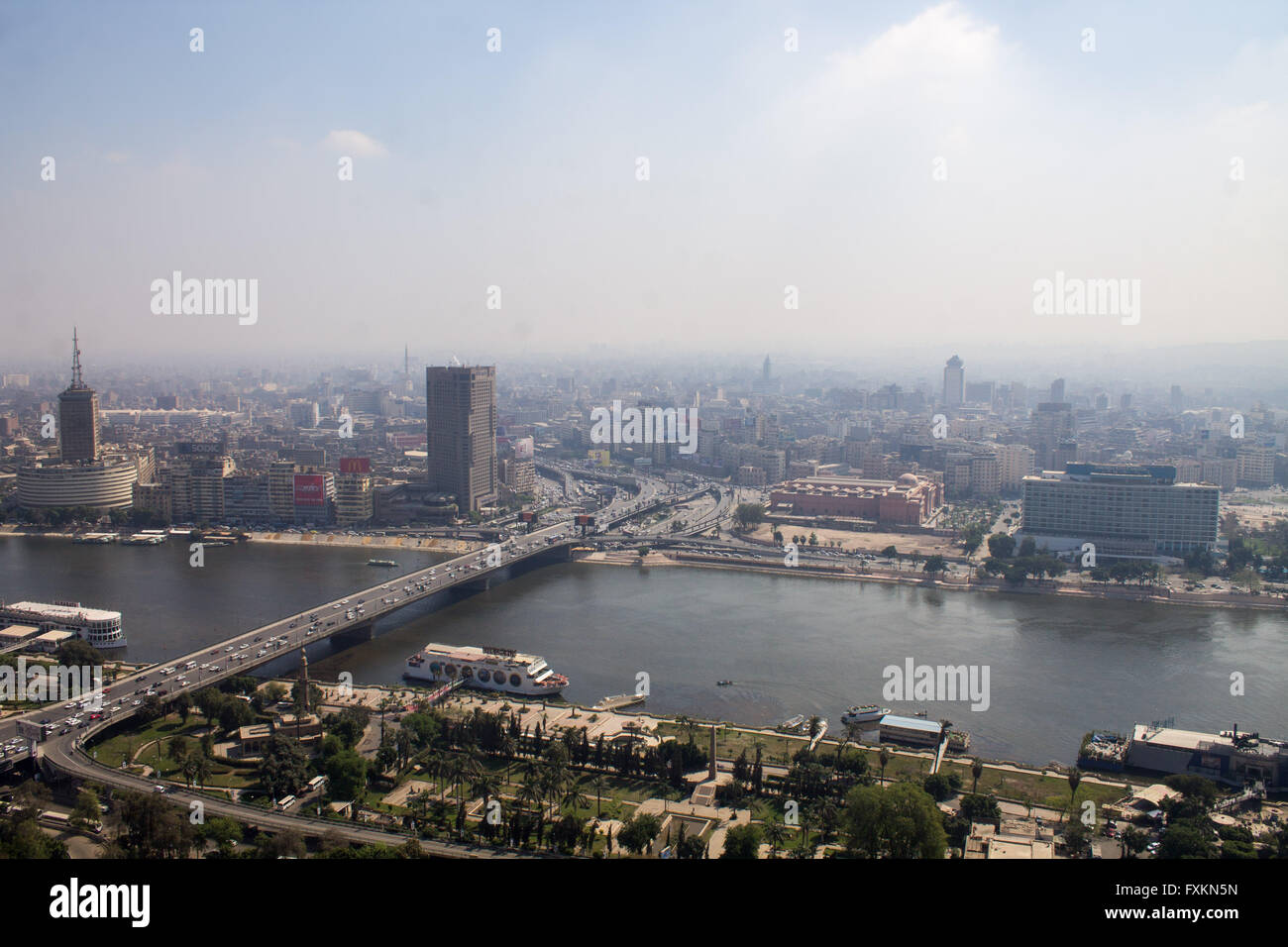 Cairo, Egypt. 16th Apr, 2016. Egypt from the top of the Cairo Tower.Abdel Moneim Riad area leading to Tahrir Square, Ramses Hilton Hotel, the Nile River, the building of the radio and television - Maspero.Traffic congestion in the Greater Cairo - Egyptian Nile River from the top of the Cairo Tower, which is witnessing a crisis in low water levels after the construction of the Renaissance Dam Ethiopia © Fayed El-Geziry/ZUMA Wire/Alamy Live News Stock Photo