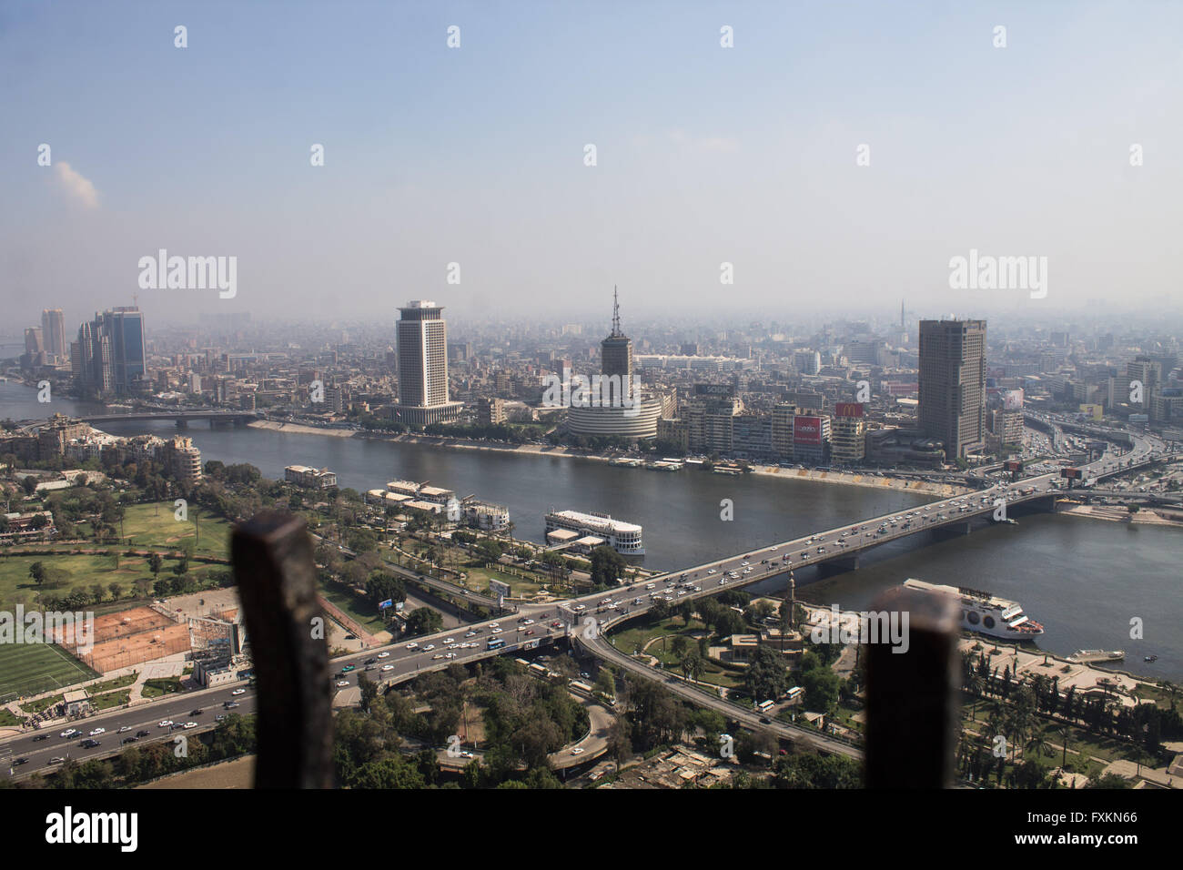 Cairo, Egypt. 16th Apr, 2016. Egypt from the top of the Cairo Tower.Abdel Moneim Riad area leading to Tahrir Square, Ramses Hilton Hotel, the River Nile, the Egyptian Foreign Ministry, building radio and television - Maspero.Traffic congestion in the Greater Cairo - Egyptian Nile River from the top of the Cairo Tower, which is witnessing a crisis in low water levels after the construction of the Renaissance Dam Ethiopia © Fayed El-Geziry/ZUMA Wire/Alamy Live News Stock Photo