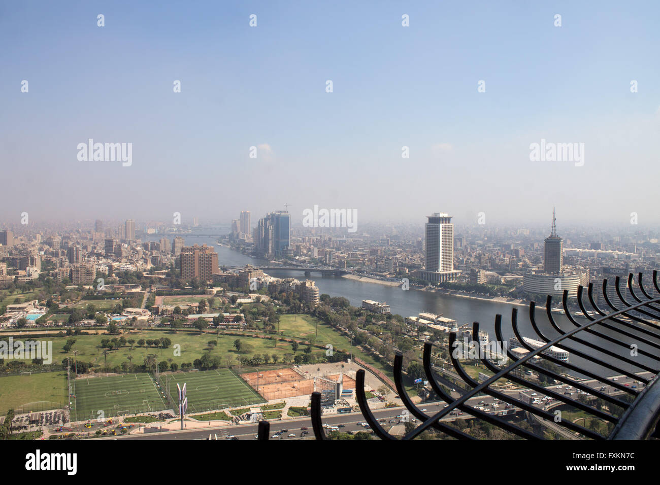 Cairo, Egypt. 16th Apr, 2016. Egypt from the top of the Cairo Tower.Abdel Moneim Riad area leading to Tahrir Square, the Egyptian Ministry of Foreign Affairs, the Nile River, the building of the radio and television - Maspero.Traffic congestion in the Greater Cairo - Egyptian Nile River from the top of the Cairo Tower, which is witnessing a crisis in low water levels after the construction of the Renaissance Dam Ethiopia © Fayed El-Geziry/ZUMA Wire/Alamy Live News Stock Photo