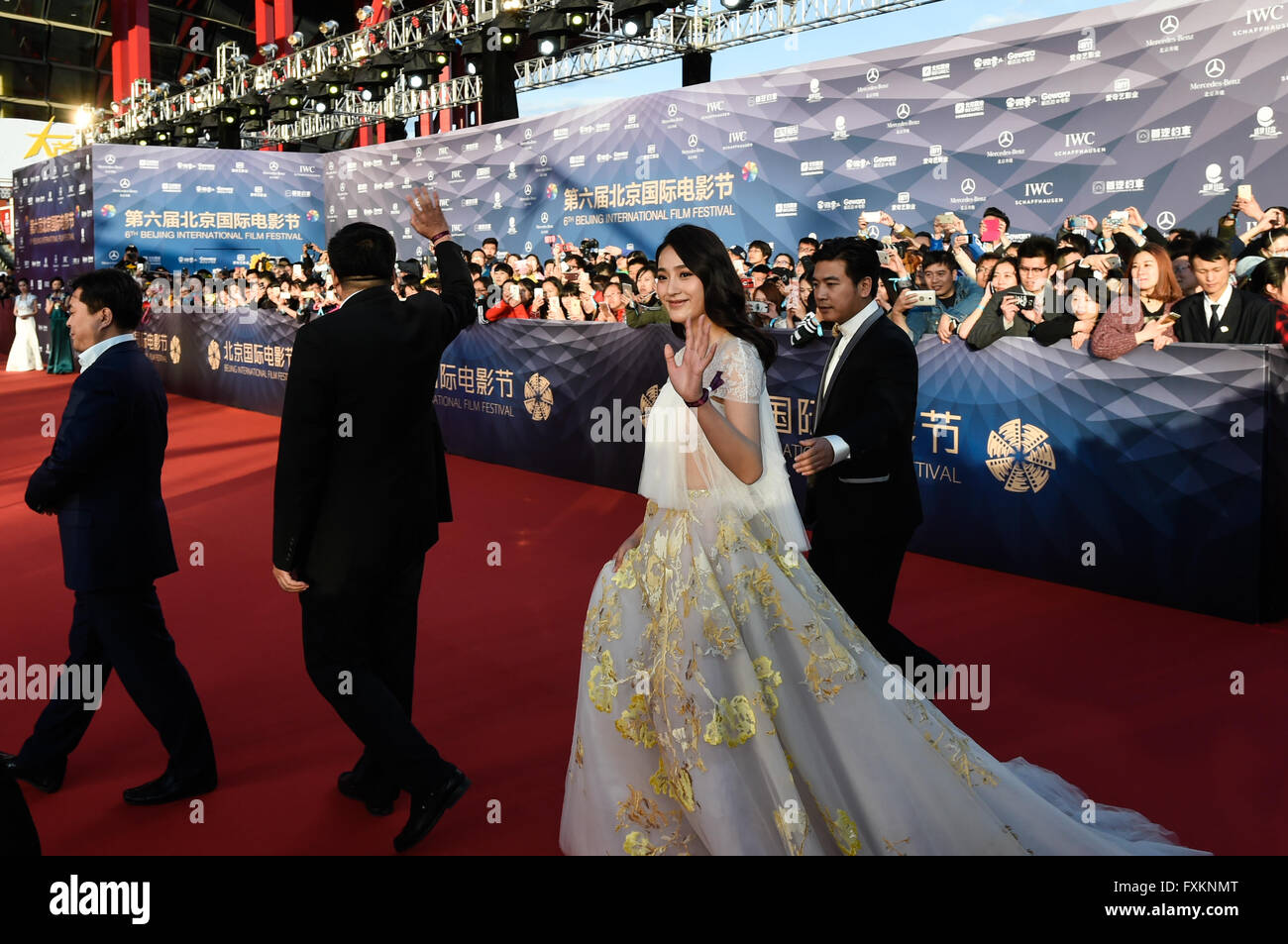 Beijing, China. 16th Apr, 2016. Cast members of the movie 'Song of the Phoenix' walk the red carpet as they attend the opening ceremony of the 6th Beijing International Film Festival (BJIFF) in Beijing, capital of China, April 16, 2016. The BJIFF kicked off Saturday and will last until April 23. Credit:  Chen Yichen/Xinhua/Alamy Live News Stock Photo