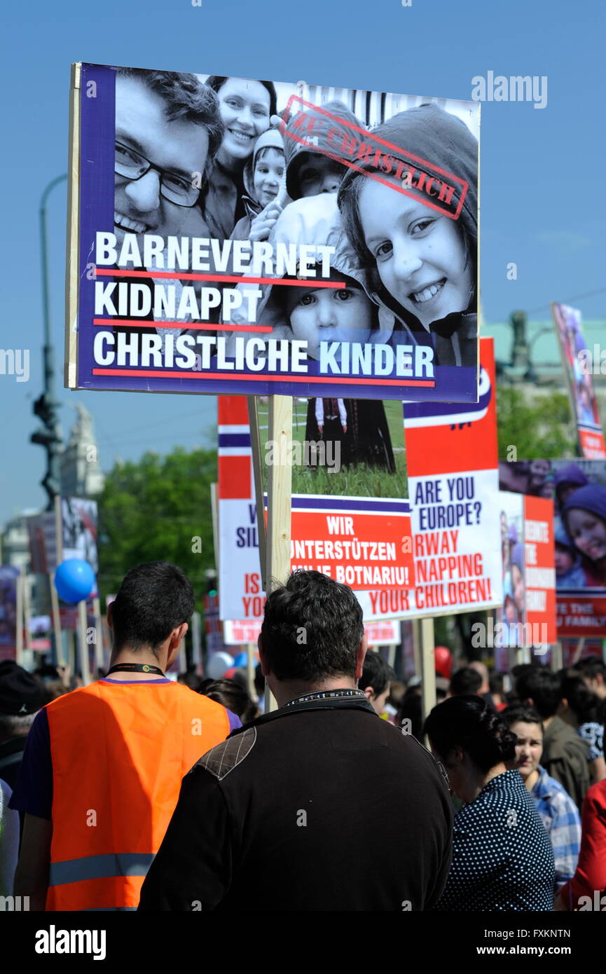Vienna, Austria. 16th Apr, 2016. On November 16, 2015, Norway’s Barnevernet in Naustdal changed the life of Bodnariu family and a worldwide unified Romanian community when they stepped into their house and abusively confiscated all five children born to Marius and Ruth Bodnariu. Posters reading 'Barnevernet kidnaps Christian children' Credit:  Franz Perc/Alamy Live News Stock Photo