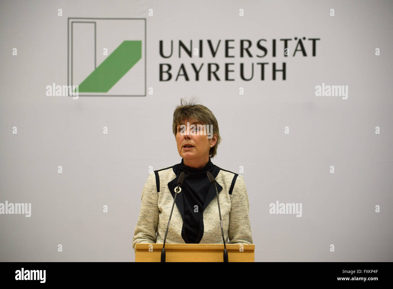 Bayreuth, Germany. 15th Apr, 2016. Brigitte Merk-Erbe, Mayor of Bayreuth, holding a speech in Bayreuth, Germany, 15 April 2016. The award ceremony of the Wilhelmine von Bayreuth Award for Tolerance and Humanity for the US civil rights movement 'Code Pink' started heavy discussions as the movement is accused of an anti-Israel attitude. PHOTO: NICOLAS ARMER/dpa/Alamy Live News Stock Photo