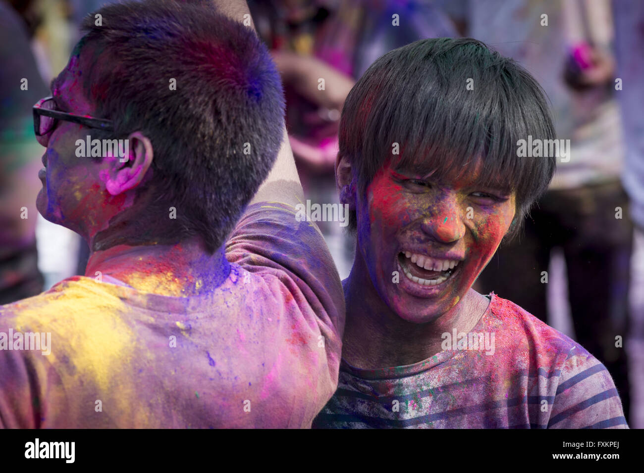 Yokohama, Japan. 16th April, 2016. This is the 4th Holi Festival in Yokohama. It is a famous spring Indian Festival, not religious, where the people paint each other the body using the color powder. The many young people gatherd to meet other people and celebrate the coming of Spring. India–Japan relations have traditionally been strong. For centuries, the people of India and Japan have engaged in cultural exchanges, primarily as a result of Buddhism which spread indirectly from India to Japan, via China and Korea. Credit:  PACIFIC PRESS/Alamy Live News Stock Photo