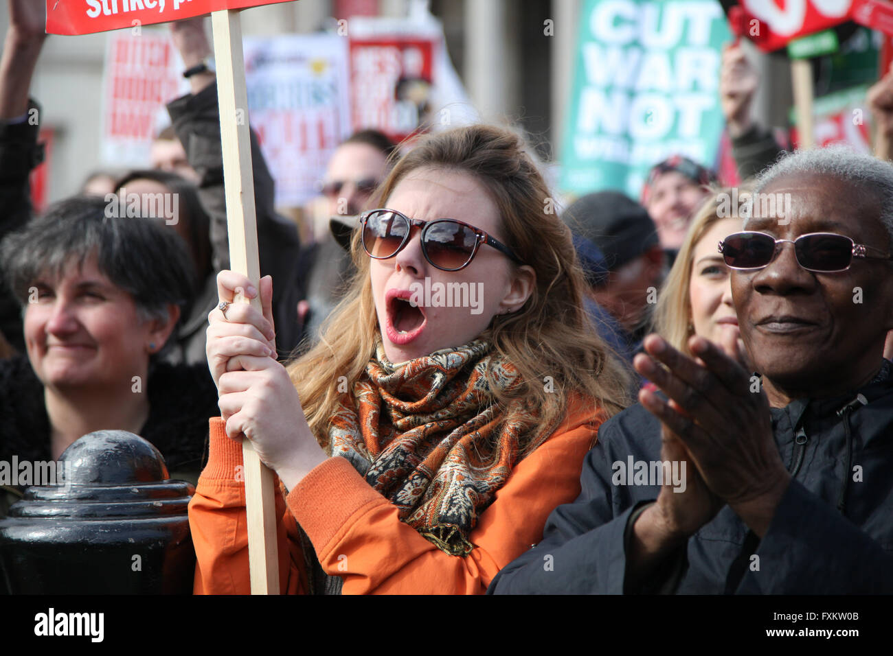 London, 16 April 2016 - Thousands of protesters take part in The People's Assembly's national demonstration by marching in London and rallying in Trafalgar Square against the government's programme of cuts in NHS, homes, job, welfare and education Credit:  Dinendra Haria/Alamy Live News Stock Photo