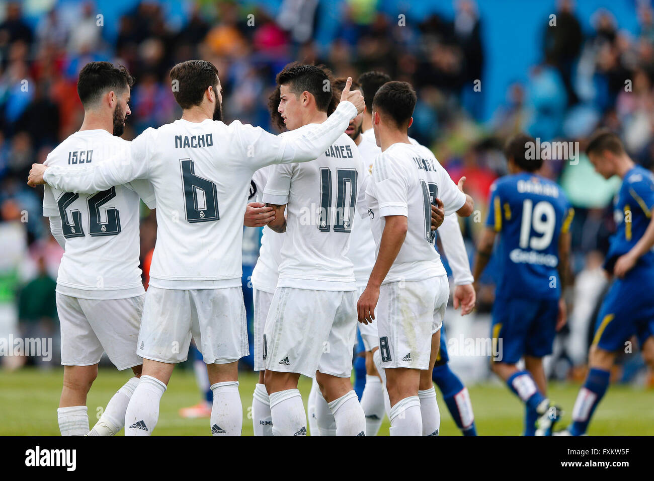 Madrid, Spain. 16th Apr, 2016. James Rodriguez (10) Real Madrid celebrates after scoring his teams goal for 4-1. Liga match between Getafe CF and Real Madrid at the Coliseum Alfonso Perez stadium in Madrid, Spain, April 16, 2016 . Credit:  Action Plus Sports/Alamy Live News Stock Photo