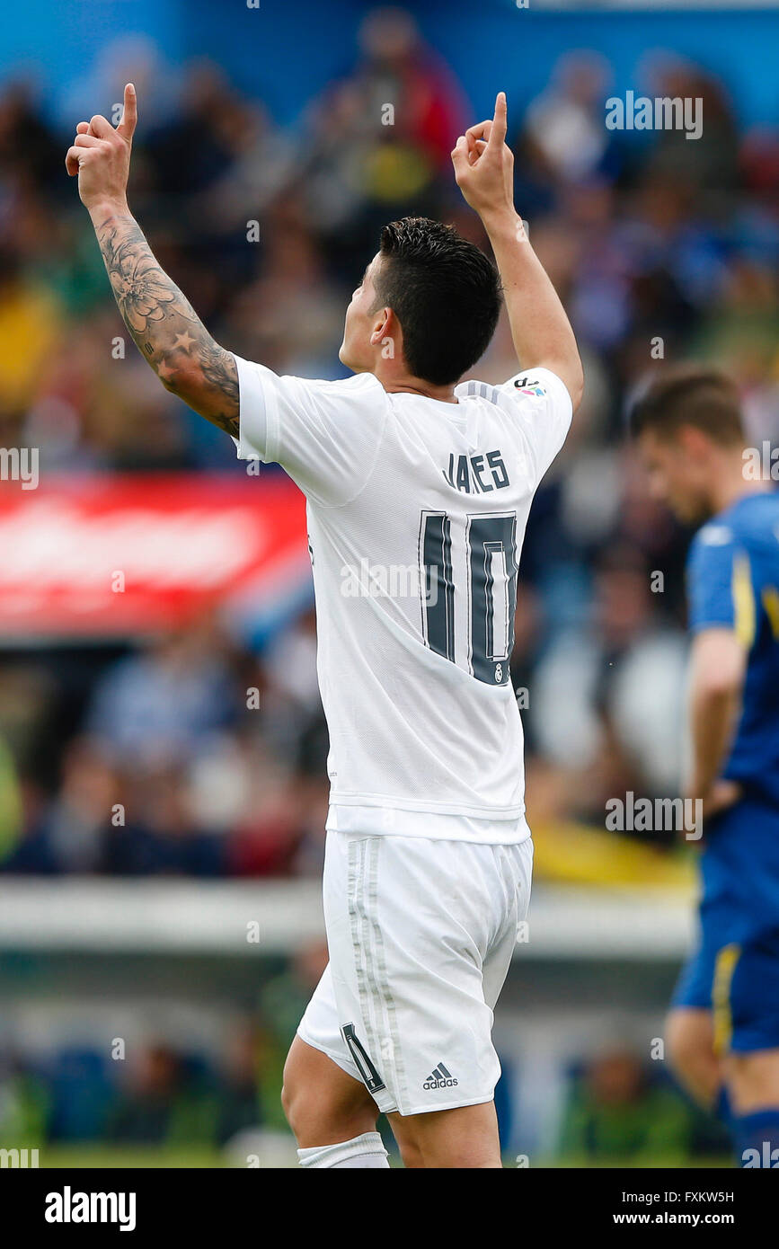 Madrid, Spain. 16th Apr, 2016. James Rodriguez (10) Real Madrid celebrates  after scoring his teams goal for 4-1. Liga match between Getafe CF and Real  Madrid at the Coliseum Alfonso Perez stadium