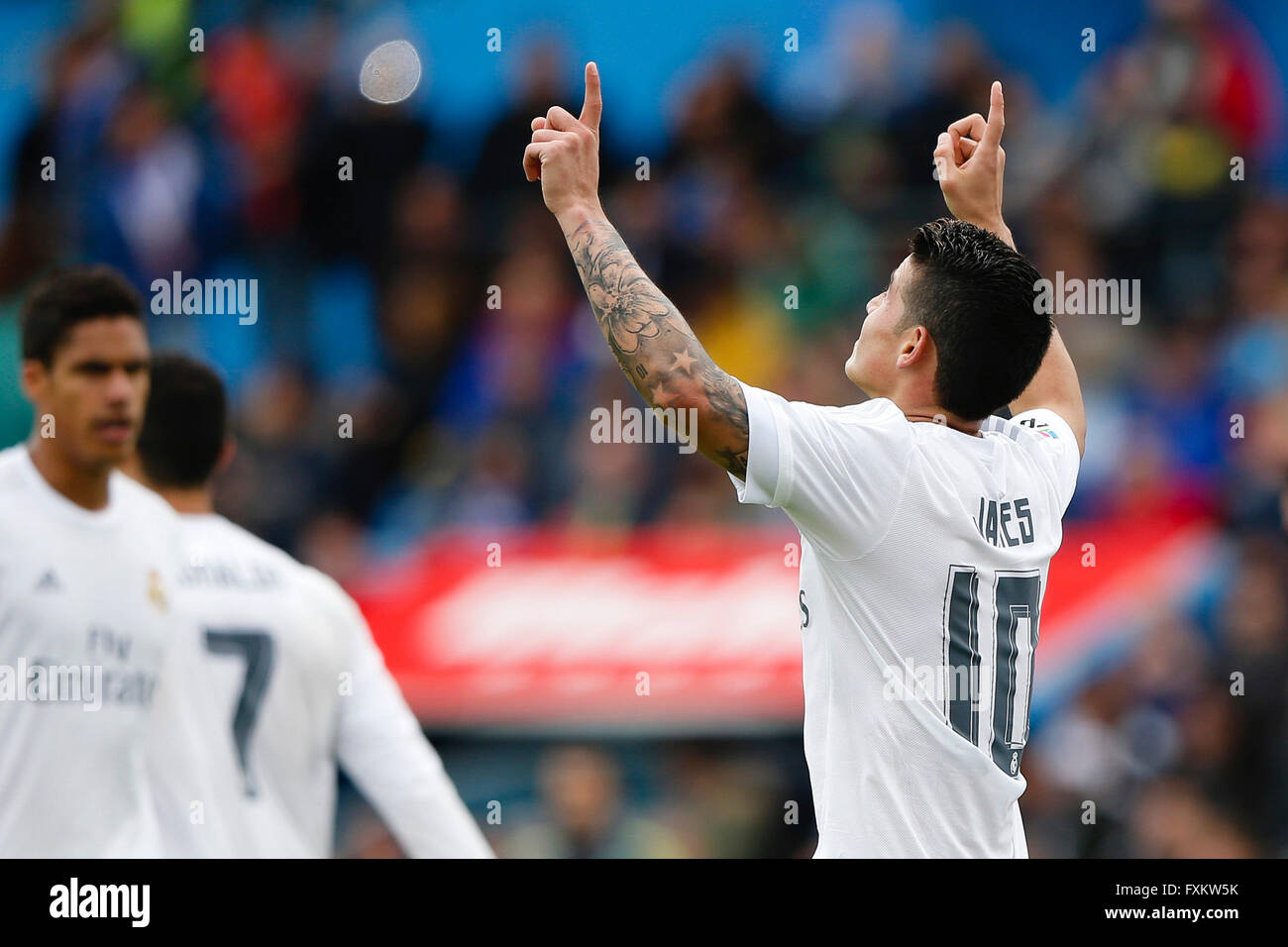 Madrid, Spain. 16th Apr, 2016. James Rodriguez (10) Real Madrid celebrates after scoring his teams goal for 4-1. Liga match between Getafe CF and Real Madrid at the Coliseum Alfonso Perez stadium in Madrid, Spain, April 16, 2016 . Credit:  Action Plus Sports/Alamy Live News Stock Photo