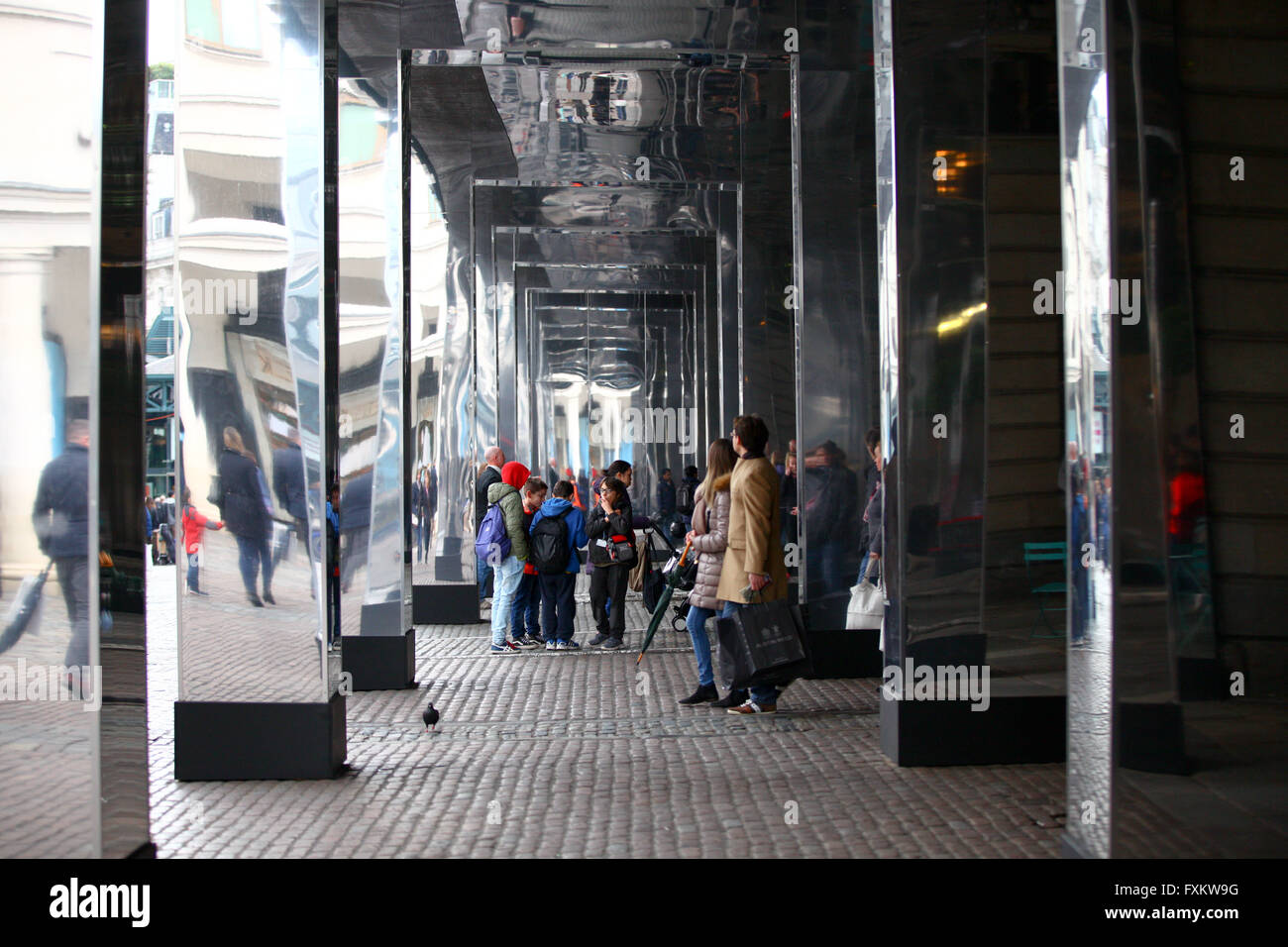 London 16 April 2016 - Covent Garden is wrapped with 32,000 sq ft of mirrors. Reflect London is a new project, created by design agency Sculptivate, which uses 67 reflective surfaces on the eastern faade of  Covent Garden's Market Building. Credit:  Dinendra Haria/Alamy Live News Stock Photo