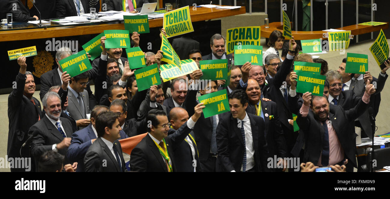 Opposition members of the House of Deputies show their support for the impeachment of President Dilma Rousseff as the lower house debates the motion April 16, 2016 in Brasilia, Brazil. Stock Photo