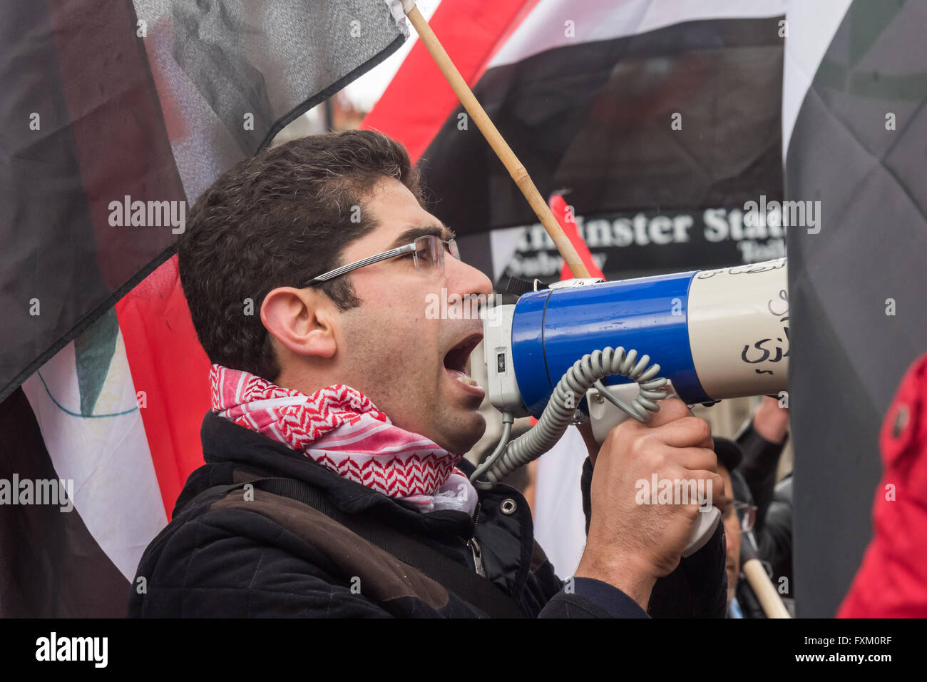 London, UK. 16th Apr, 2016. Ahwazi Arabs in London demonstrated in solidarity with anti-government protests in Iran every April since 2005, on the anniversary of the peaceful Ahwazi intifada in which many were killed and hundreds arrested by the Iranian regime. Credit:  Peter Marshall/Alamy Live News Stock Photo