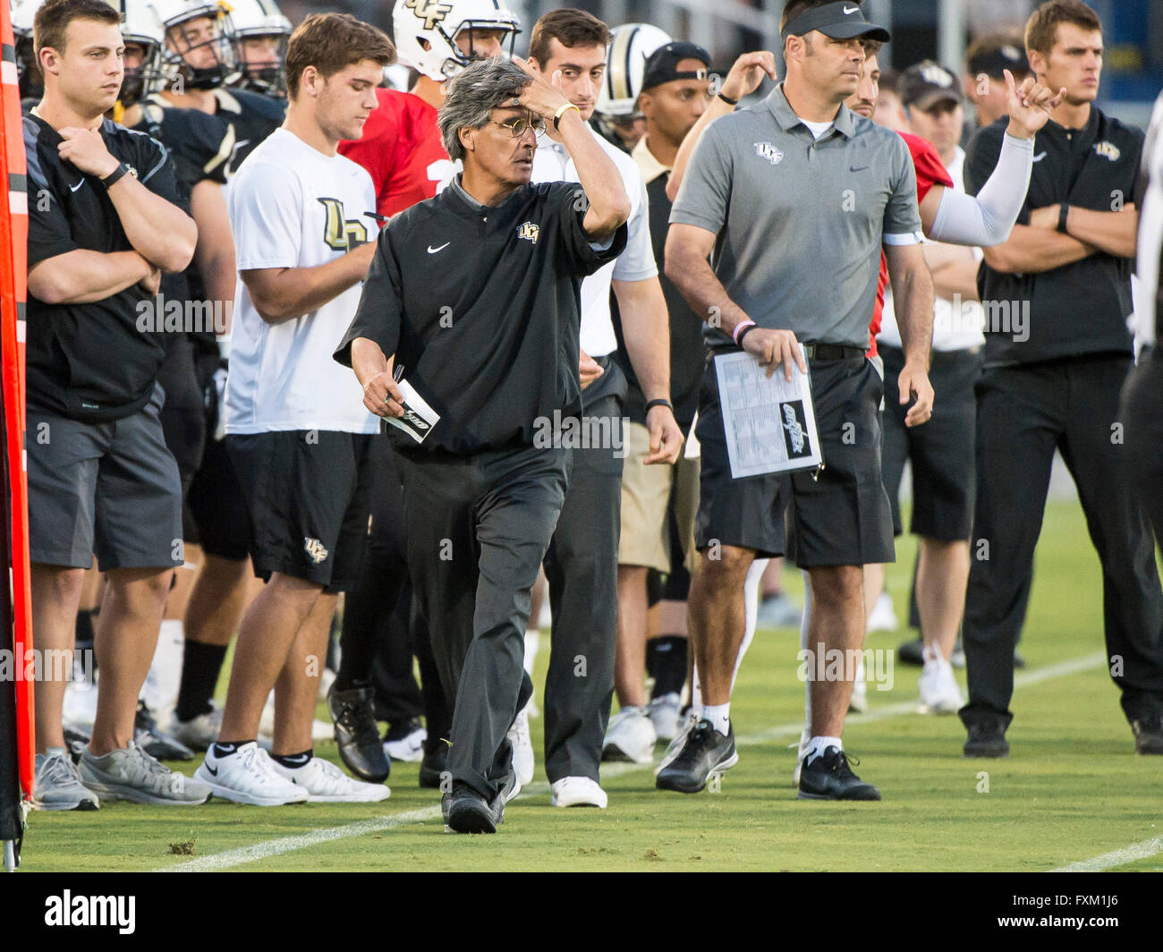 Orlando, FL, USA. 16th Apr, 2016. UCF Knights quarterbacks coach Mario Verduzco paces the sideline during UCF Spring Game action at the Bright House Network Stadium in Orlando, Fl © csm/Alamy Live News Stock Photo