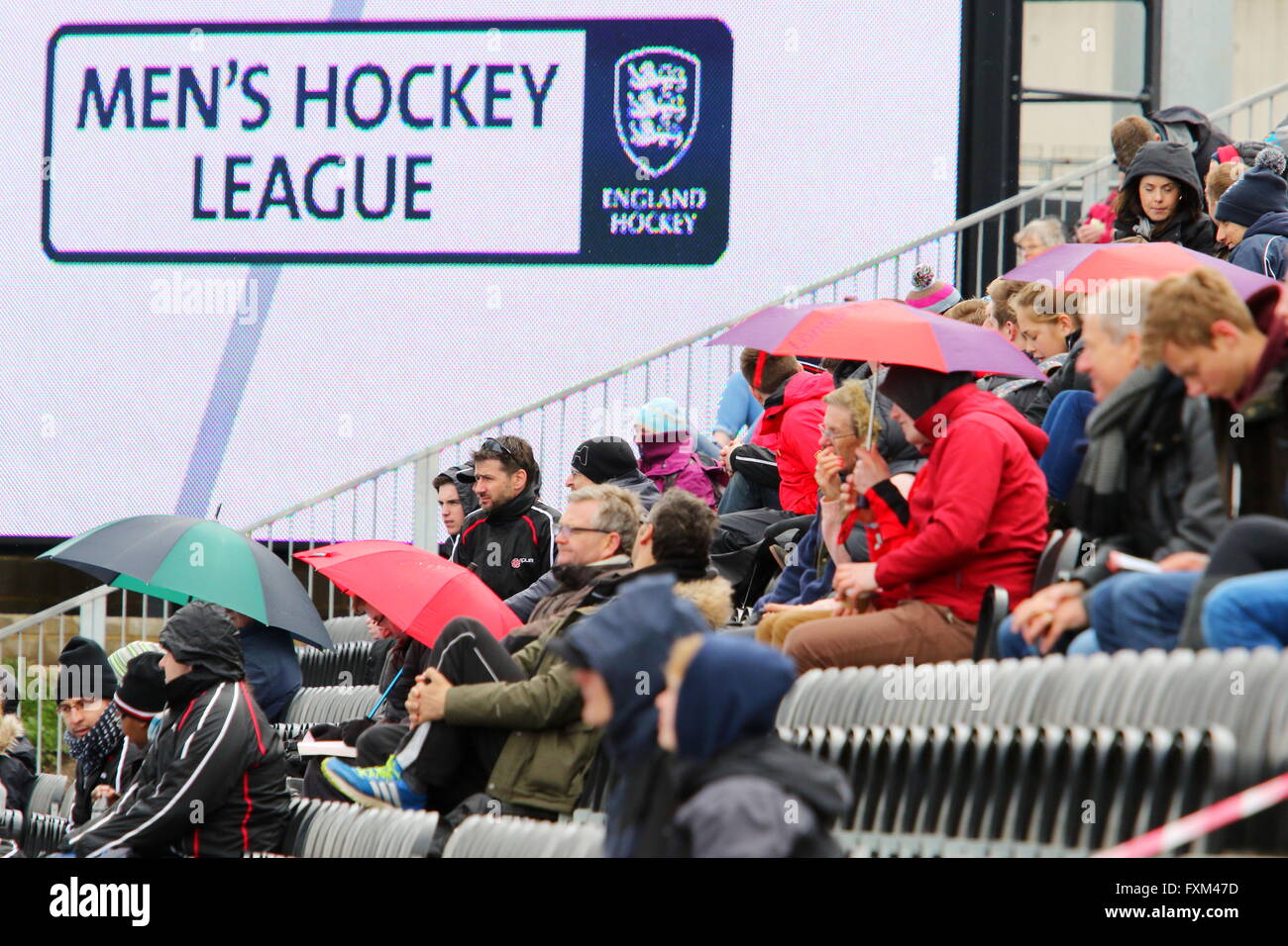 London, UK. 16th April, 2016. Men’s Hockey League Semi-Final, Crowds enjoying the matches in the changable weather. Lee Valley Hockey and Tennis Centre, London Credit:  Grant Burton/Alamy Live News Stock Photo