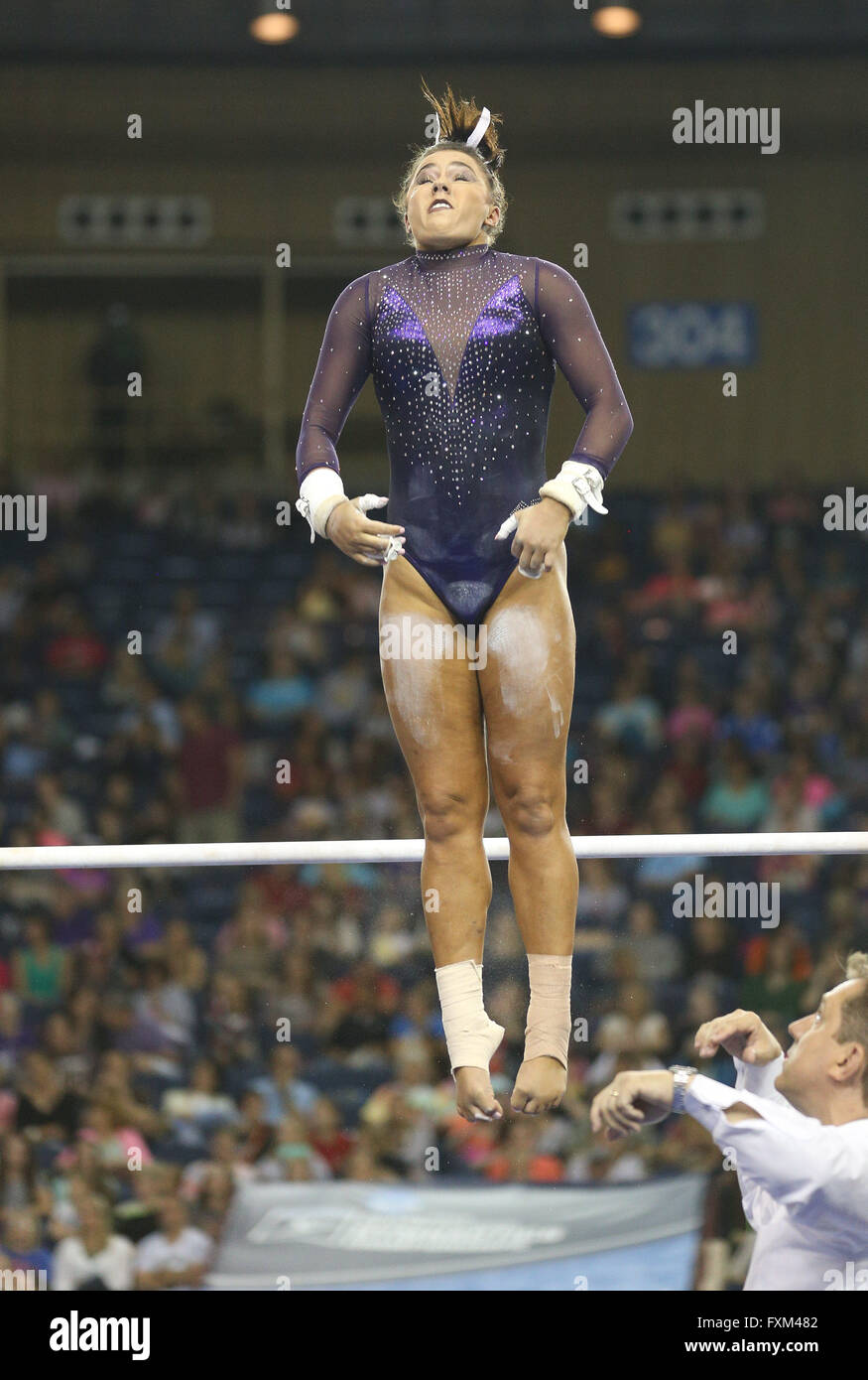 Fort Worth, TX, USA. 16th Apr, 2016. LSU's Lexie Priessman dismounts