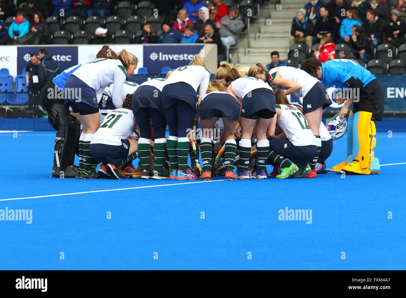 London, UK. 16th April, 2016. Investec Women’s Hockey League Semi-Final, Surbiton vs Holcombe (2-0). Subiton's pre match team talk. Lee Valley Hockey and Tennis Centre, London Credit:  Grant Burton/Alamy Live News Stock Photo