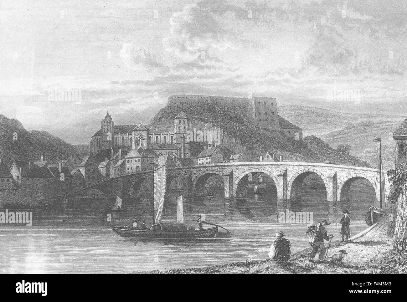 BELGIUM: Huy: Shury, river bridge town, antique print 1840 Stock Photo