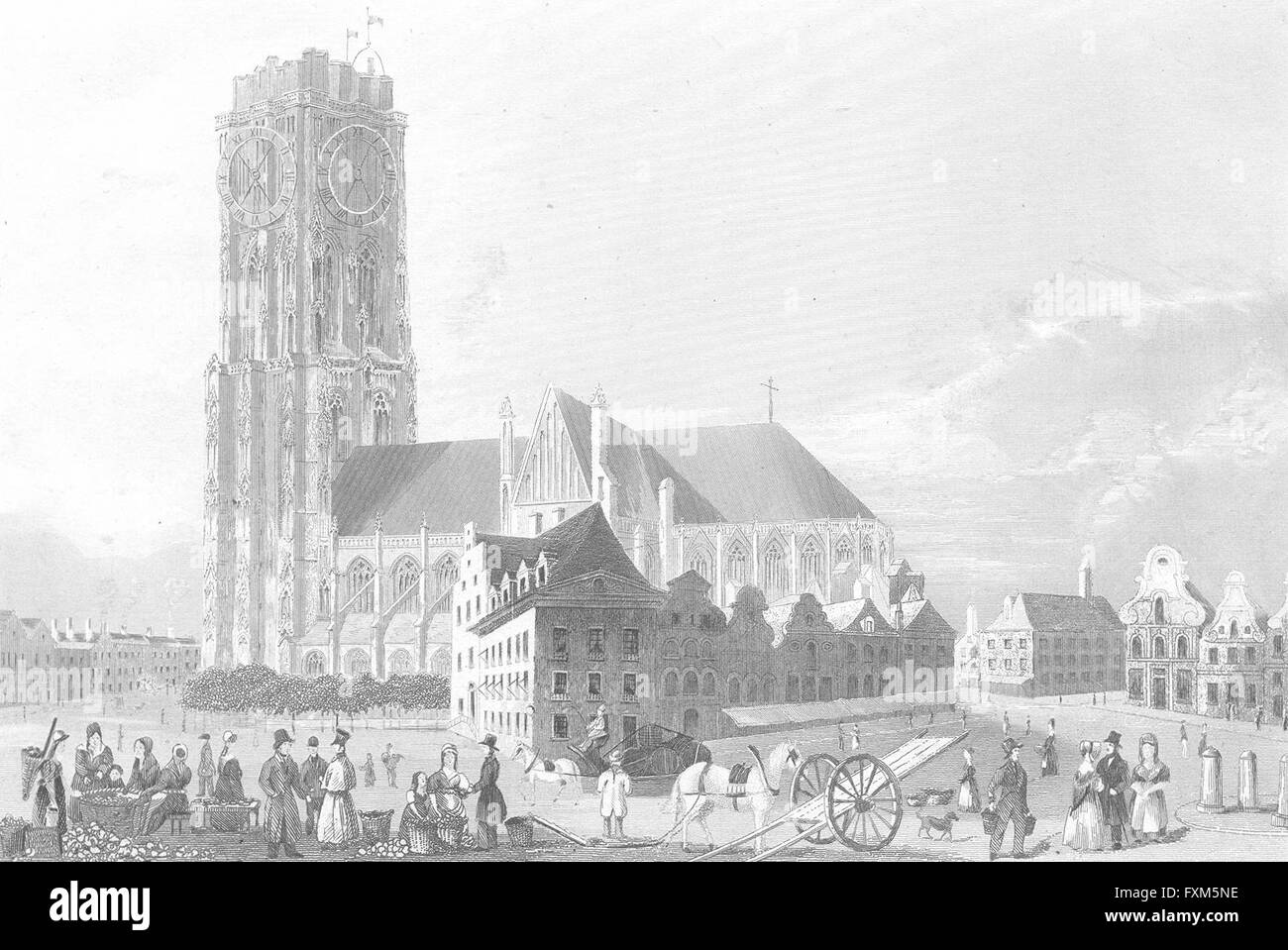 BELGIUM: Cathedral Mechelen: Wolff, antique print 1844 Stock Photo