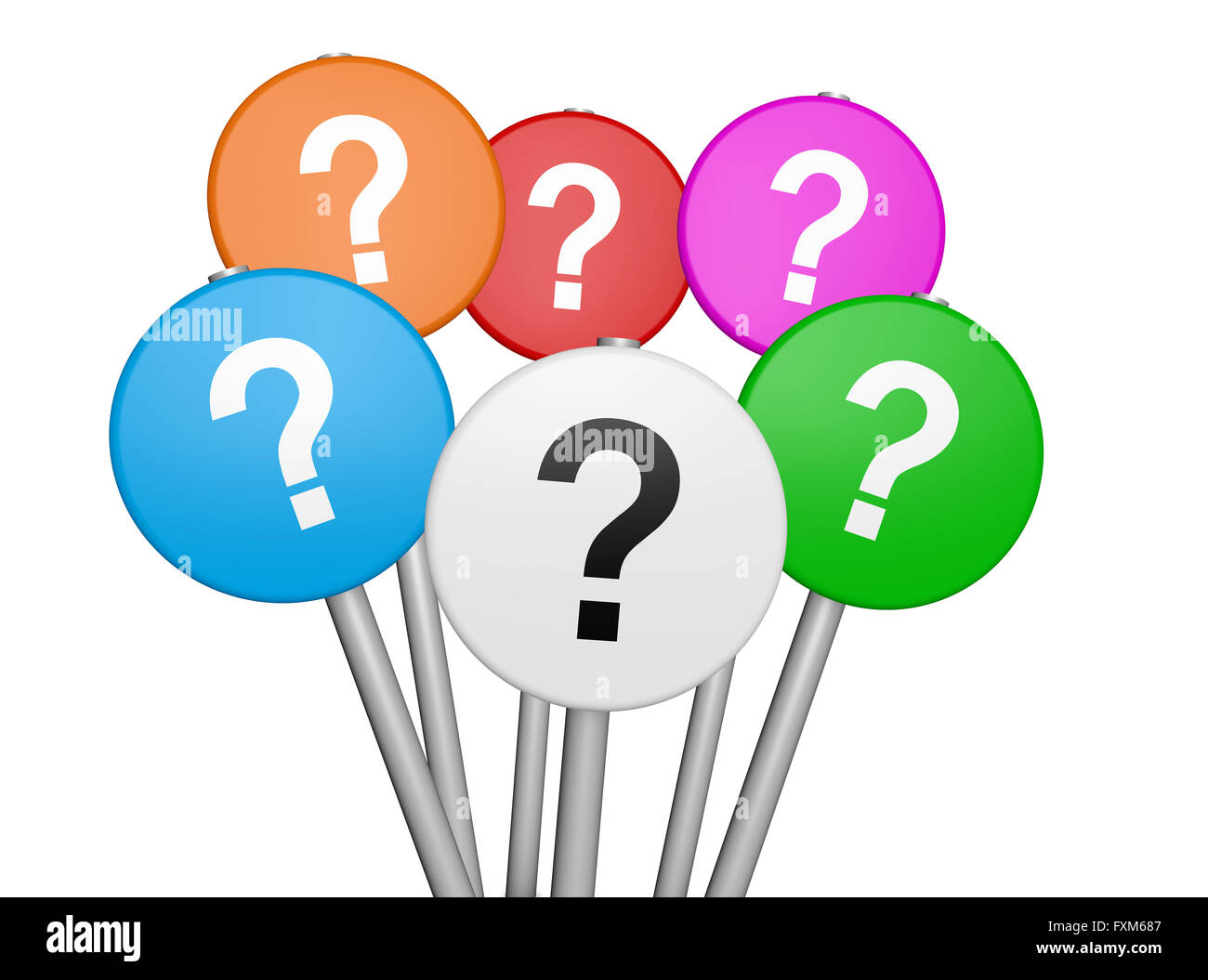 Business and customers questions concept with question mark symbol and icon on colorful sign 3D illustration isolated on white. Stock Photo