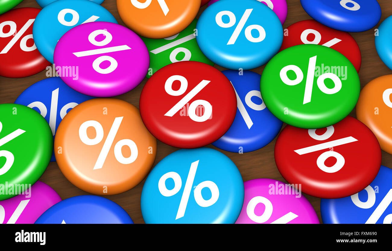 Shopping sale, offer, discount and promo concept with colorful pins badges and percent symbol 3d illustration background. Stock Photo