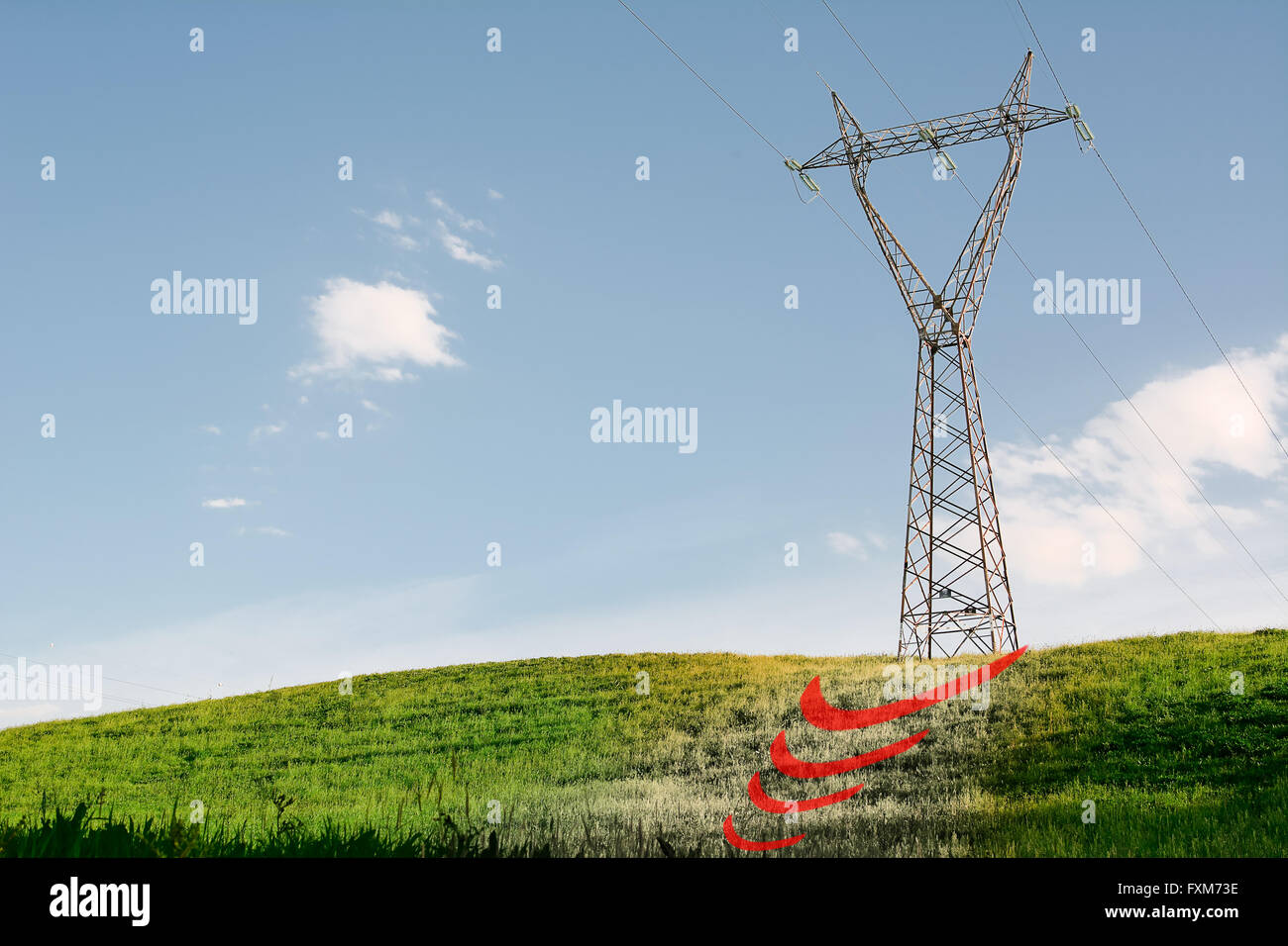 Elettromagnetic pollution of Pylon on green hill Stock Photo