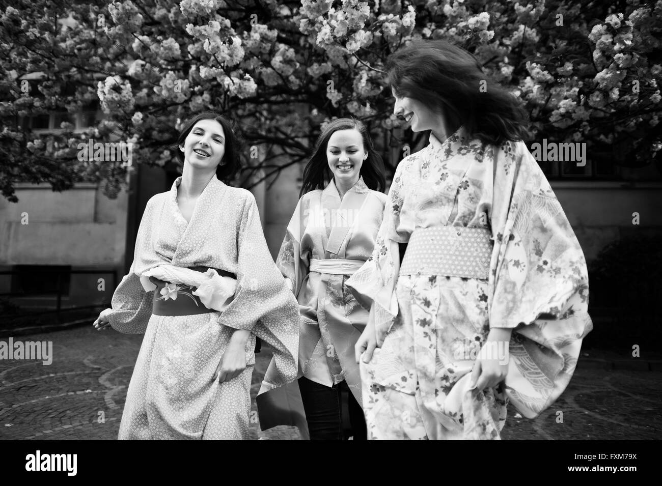 Three european girls wearing traditional japanese kimono background blossom pink sakura tree Stock Photo