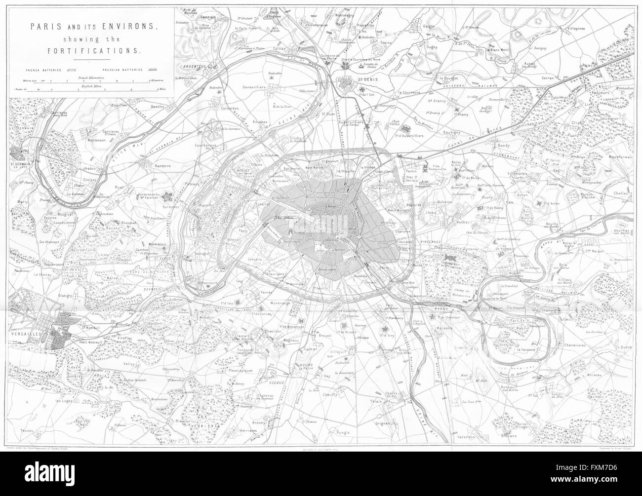 PARIS AREA: Fortifications; Franco-Prussian war, 1875 antique map Stock Photo