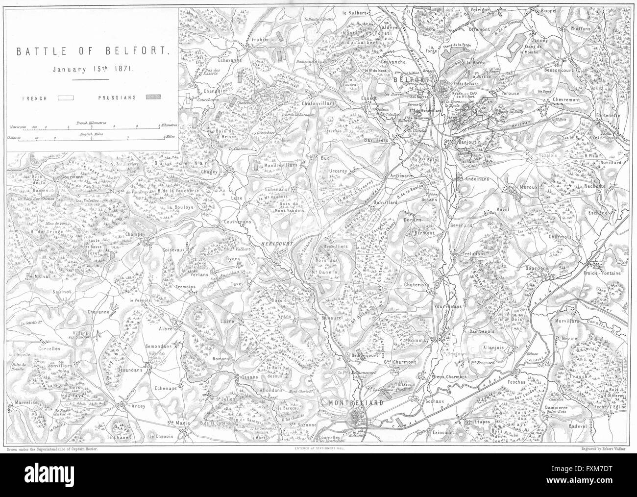 FRANCO-PRUSSIAN WAR: Battle of Belfort, 1871, 1875 antique map Stock Photo