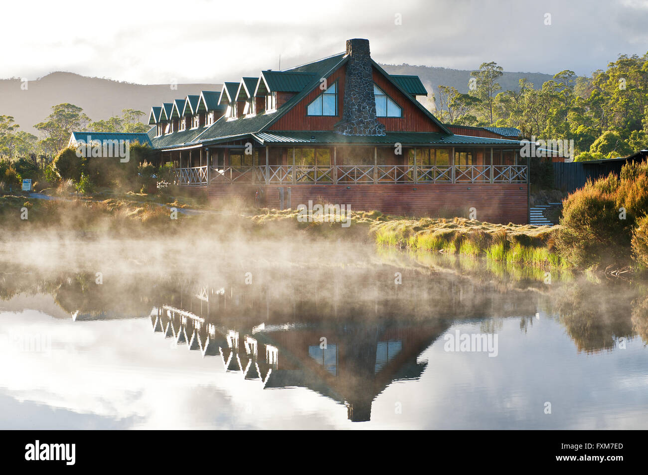 Cradle Mountain Lodge reflections on a cold morning. Stock Photo